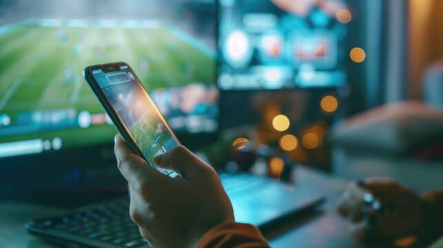 male hands with smartphone. Man watching soccer play online broadcast on his laptop, cheering for favourite team, making bets using mobile application.