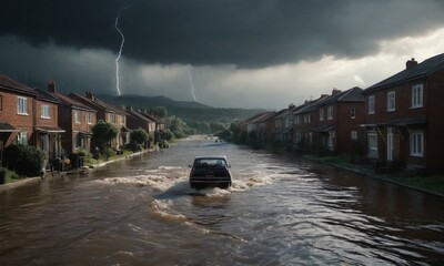 Flood disaster - dramatic environment landscaped image. Nature power concept. Climate change. Weather illustration. Dramatic cloudscape. Cinematics light.