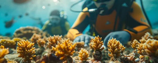 Deurstickers Coral restoration, skilled divers carefully planting and nurturing new coral colonies © Jammy