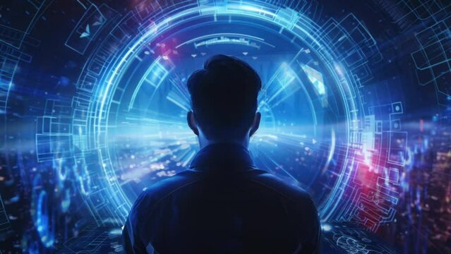 Motion Cyber Crime scene in neon lit future city hacker silhouette against giant screens digital chaos unfolding