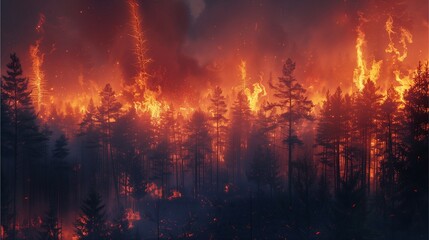 Fiery forest and woods blaze with intense heat, emitting smoke and dangerous flames, amidst a backdrop of orange and red hues Sunlight filters through the haze, creating a scene of natural disaster an - obrazy, fototapety, plakaty