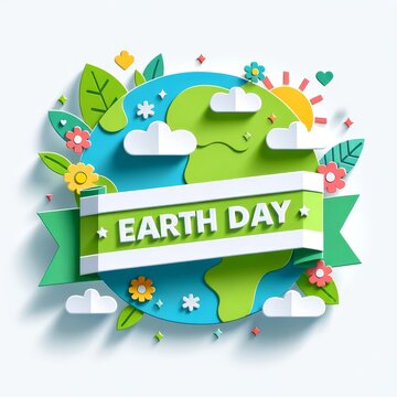Paper art design of Earth with sun, clouds, and a 'Earth Day' ribbon surrounded by nature elements.