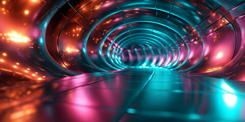 Abstrakter futuristischer Hintergrund in bunten irisierenden leuchtenden Neon Farben und Chrom für Webdesign und Druckvorlage, ai generativ