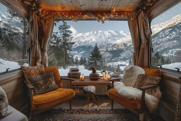 The warm, inviting interior of a camper contrasts the cold snowy landscape outside, showcasing a...