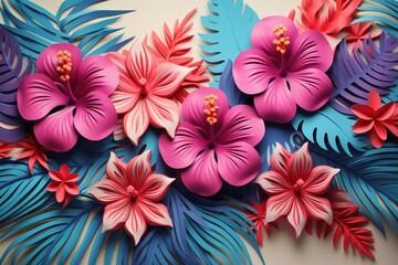 Colorful tropical flowers composition, 3d background