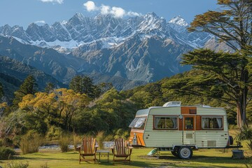 A retro caravan set against a breathtaking mountain vista with clear skies and surrounding foliage - obrazy, fototapety, plakaty