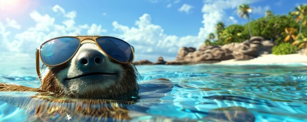 Chilled out sloth enjoying tropical beach vacation - obrazy, fototapety, plakaty