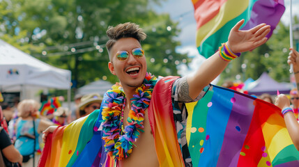 Pride Month, Exuberant individual draped in pride flag at a joyful outdoor celebration, concept of freedom and LGBTQ identity.