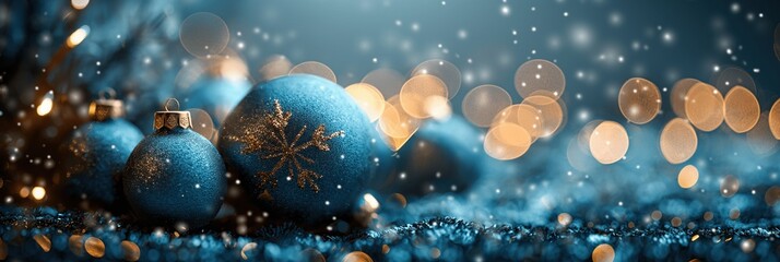 Festive blue Christmas baubles with golden accents on a dreamy light backdrop
