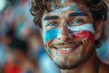 Close-up of an enthusiastic fan with face paint symbolizing national pride during a sporting event