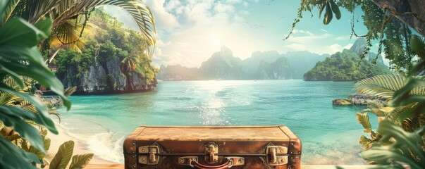 Tropical paradise escape with vintage suitcase - obrazy, fototapety, plakaty