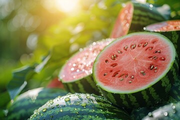 Organic ripe watermelons growing abundantly on the lush green field in the summer sun