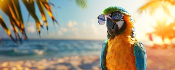Tropical parrot with sunglasses at beach