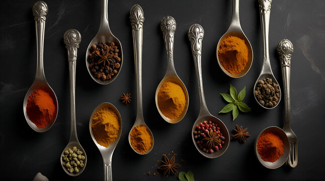 Variety of Eastern Spices in Silver Spoons Close up Image of Grey Metal Spoons with Selection of Aromatic Seasonings on Rough Dark Natural Wooden Board Table.generation.ai