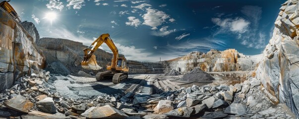 Panoramic view of quarry operations with excavator - obrazy, fototapety, plakaty