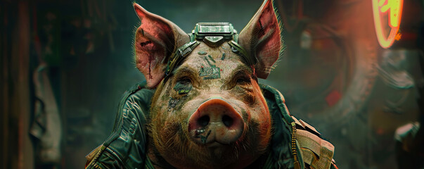 Cybernetic pig character in futuristic setting - obrazy, fototapety, plakaty