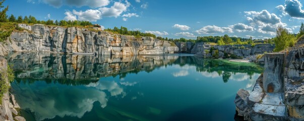 Panoramic view of a tranquil quarry lake reflecting a clear blue sky, surrounded by rocky cliffs - obrazy, fototapety, plakaty