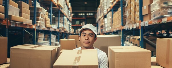 Young employee with cardboard boxes in a storage facility aisle - obrazy, fototapety, plakaty