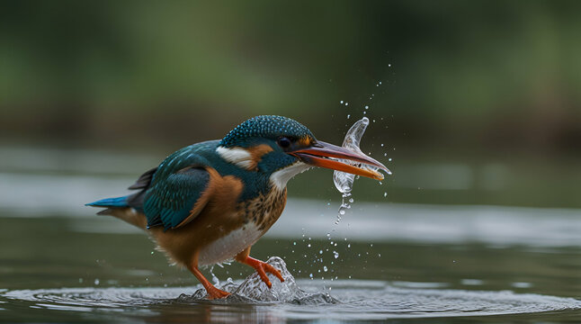 Male kingfisher coming out of the water with two fish in his beak.generative.ai