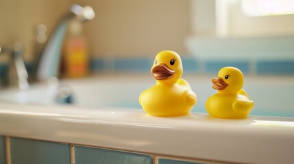 Rubber ducks on bathtub edge - obrazy, fototapety, plakaty