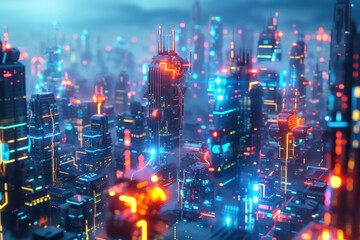 Fototapeta na wymiar Cyberpunk-Inspired Futuristic City with Neon Lights and Skyscrapers