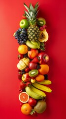 Assorted fresh fruits on red background
