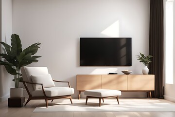 Mockup of a TV wall mounted with an armchair in the living room with a white wall design. 