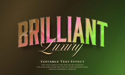 ”Brilliant Luxury” Editable title logo text style effect in dark gold, pink and green gradation thin golden border, sans serif typeface
