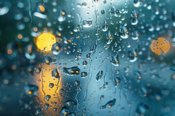 Water droplets clinging to a clear glass surface with a backdrop of soft golden bokeh suggesting a...