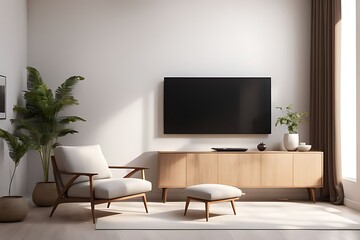 Mockup of a TV wall mounted with an armchair in the living room with a white wall design. 