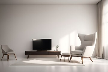Mockup of a TV wall mounted with an armchair in the living room with a white wall design. 