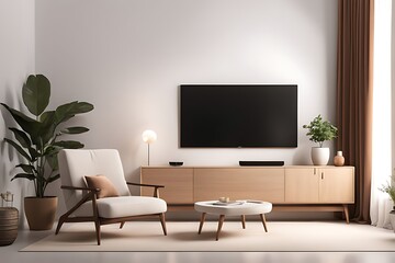 Mockup of a TV wall mounted with an armchair in the living room with a white wall design. 