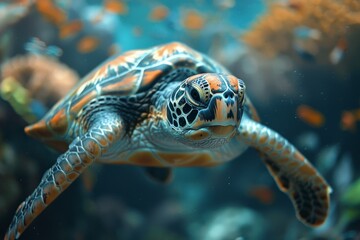 Fototapeta premium This image features a colorful sea turtle engaging with the viewer as it navigates the reef's complexities