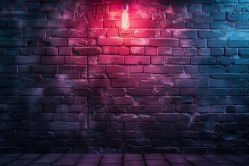 Pink and blue neon tube lights casting a reflective glow on a dark brick wall background