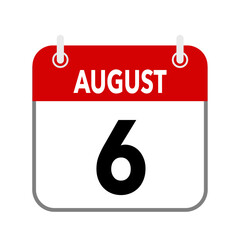 6 August, calendar date icon on white background.
