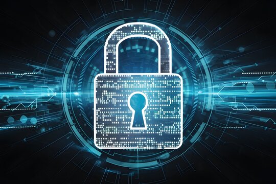 Closed padlock on digital background, symbolizing cyber security protection