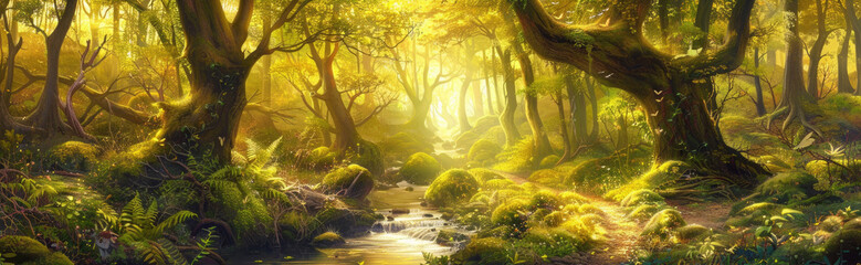 A painting depicting a stream cutting through a lush forest, with vibrant green foliage and sunlight filtering through the canopy