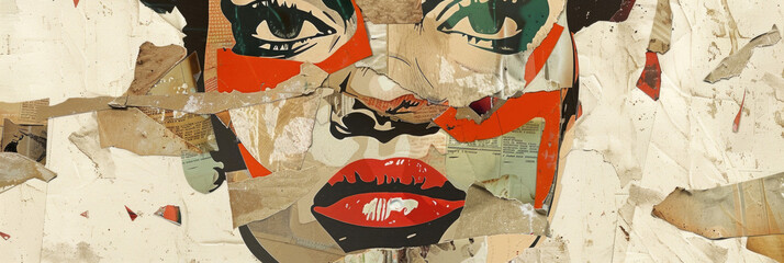 A vivid, abstract collage art piece depicting a womans face, adorned with bold colors and fragmented patterns