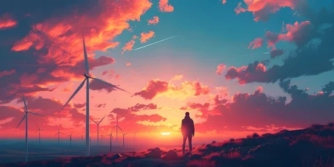 Keuken spatwand met foto Lone Worker Inspecting Turbines of Wind Farm at Dramatic Sunrise Representing Sustainable Energy Shift © Thares2020