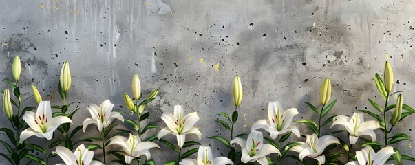 Blooming white lilies against concrete wall - obrazy, fototapety, plakaty