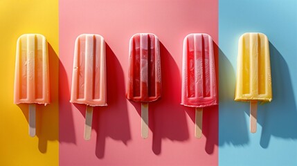 Colorful Fruit Popsicles on Tri-Color Background