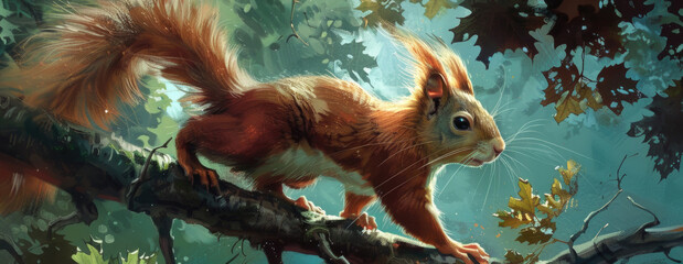 A painting of a squirrel perched on a tree branch, with its bushy tail curled around its body - obrazy, fototapety, plakaty