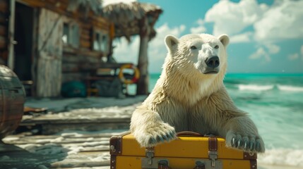Polar bear on vacation holding a suitcase - obrazy, fototapety, plakaty