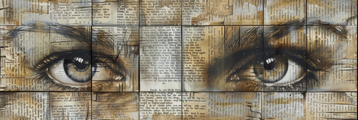 Artistic representation of human eyes on weathered book pages, evoking a blend of literature and visual storytelling