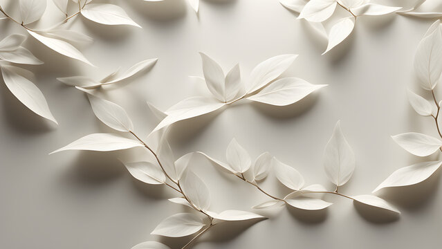 A refreshing image of leaves, sunlight, and leaf shadows hanging on an ivory wall.