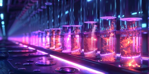 Futuristic Laboratory Display of Glowing Fluorescent Test Tubes Illuminated Under Ultraviolet Light Revealing a Groundbreaking Biological Experiment