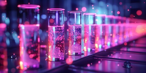 Glowing Test Tubes Illuminated Under Ultraviolet Light Revealing Fluorescent Markers of a Groundbreaking Biological Experiment with Copy Space