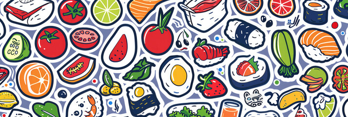 A vibrant collection of illustrated food items, including various fruits, vegetables, and sushi rolls