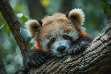 An adorable red panda lies peacefully on a tree branch, gazing into the distance A moment of...