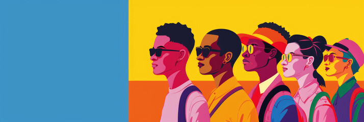 Multicolored backdrop splits as diverse, fashion-forward individuals wearing sunglasses present a portrait of cool confidence